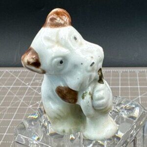 Vintage Ceramic Dog Figurine Brown & White playing Clarinet  Japan